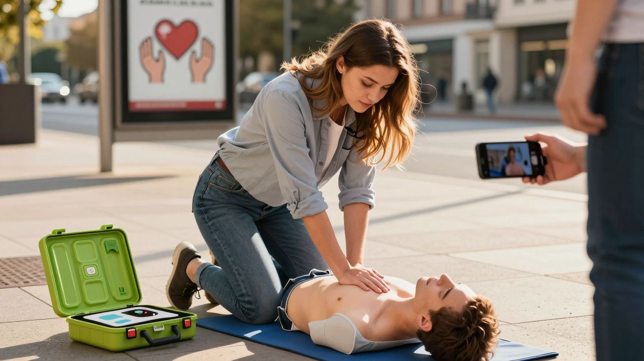 Mulher a realizar compressões torácicas num homem deitado, enquanto é filmada, com desfibrilhador aberto ao lado.