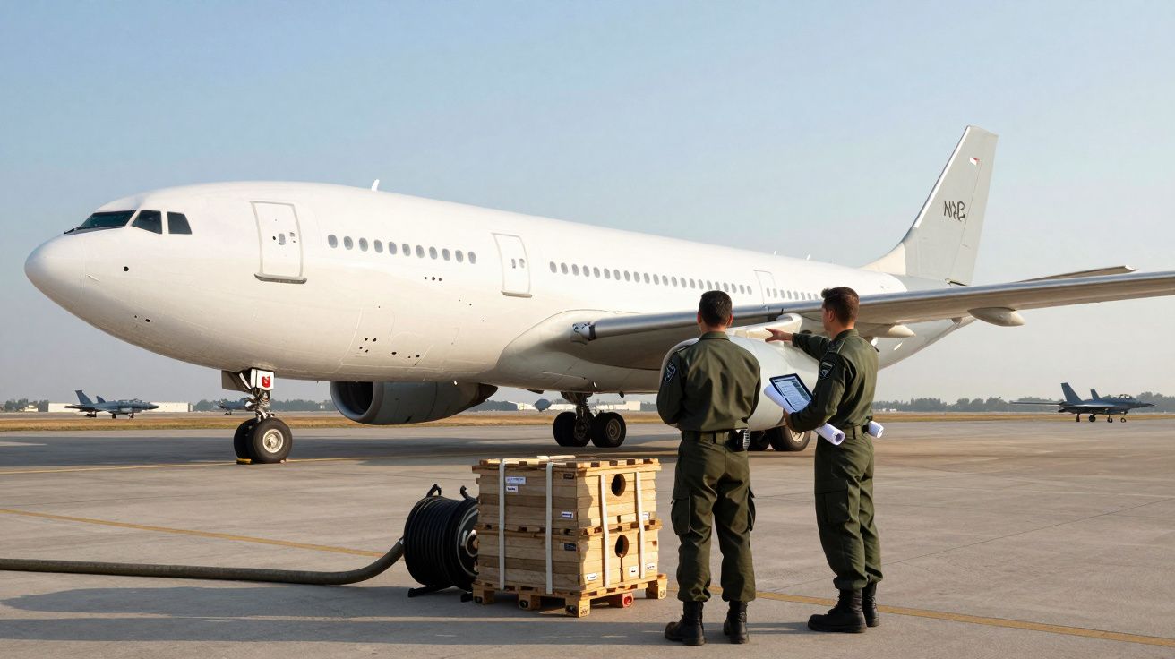 Dois militares em uniforme ao lado de avião branco no aeroporto com equipamento e mapas na mão.