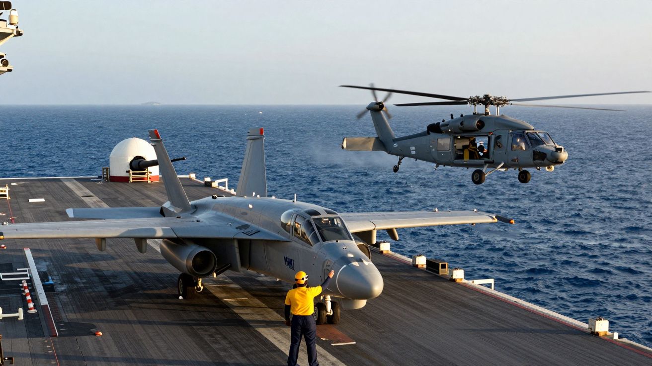 Avião de combate no convés de um porta-aviões com helicóptero a sobrevoar o mar ao fundo.