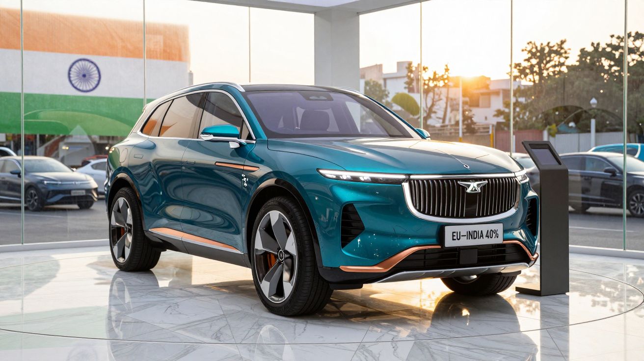 SUV eléctrico azul exposto numa sala com grandes janelas e sinalética a indicar EU-Índia 40%.