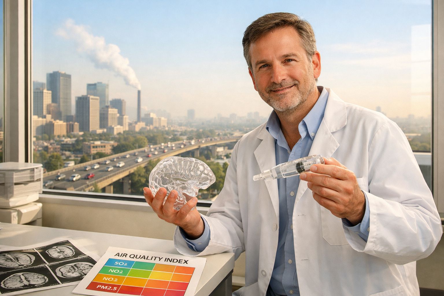Cientista com bata branca segura modelo de pulmão e inalador, com vista para cidade e gráfico de qualidade do ar.