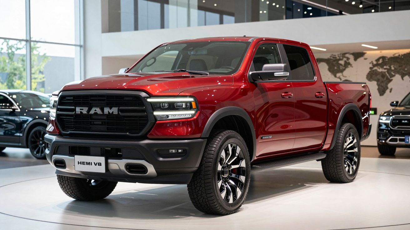 Pick-up RAM vermelha com motor HEMI V8 exposta em showroom moderno e iluminado.