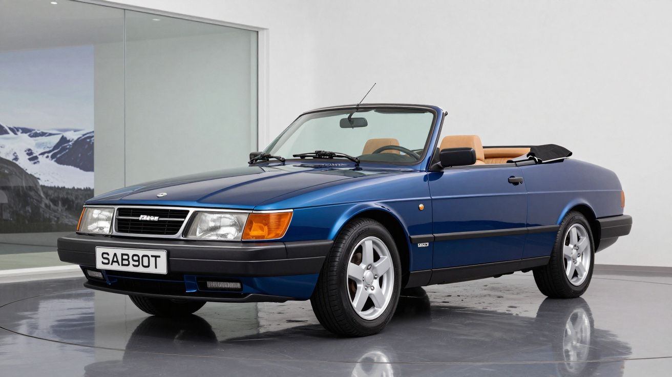 Carro descapotável clássico azul, interior bege, em ambiente moderno com parede branca e vidro.