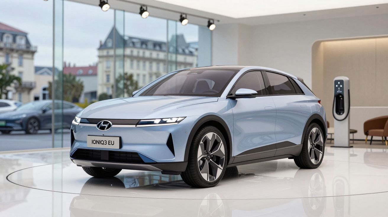 Carro elétrico Hyundai Ioniq 3 azul em exposição numa sala moderna com tomada de carregamento ao fundo.