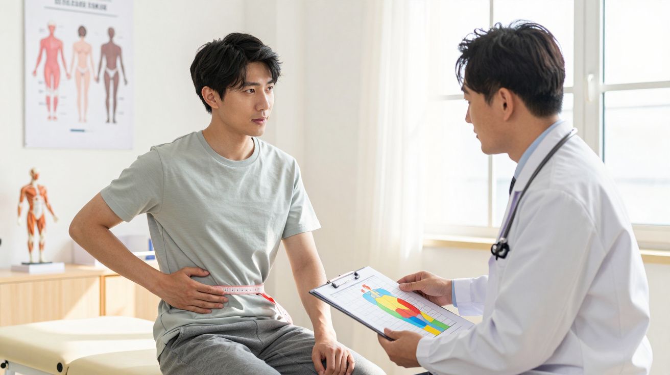 Paciente sentado a medir a cintura enquanto conversa com médico de bata branca num consultório.