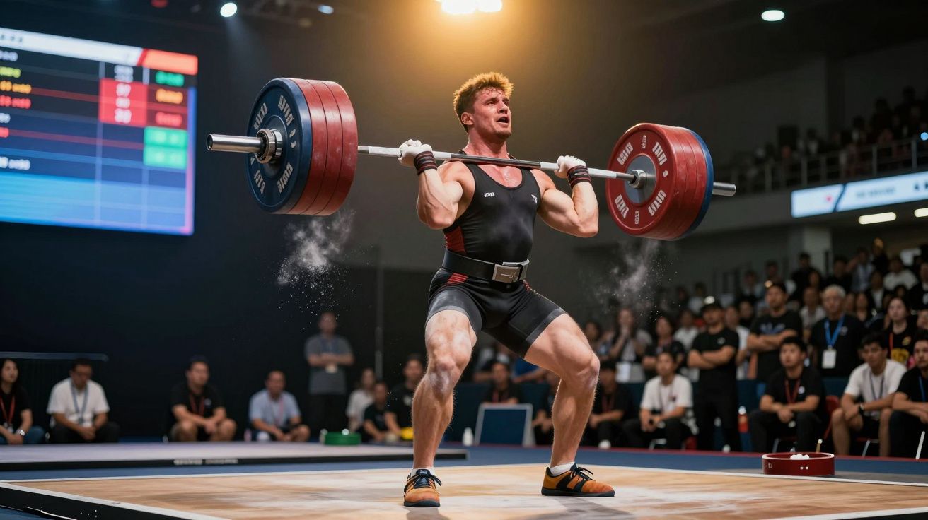 Atleta masculino a levantar barra pesada num campeonato de halterofilismo diante de uma plateia.