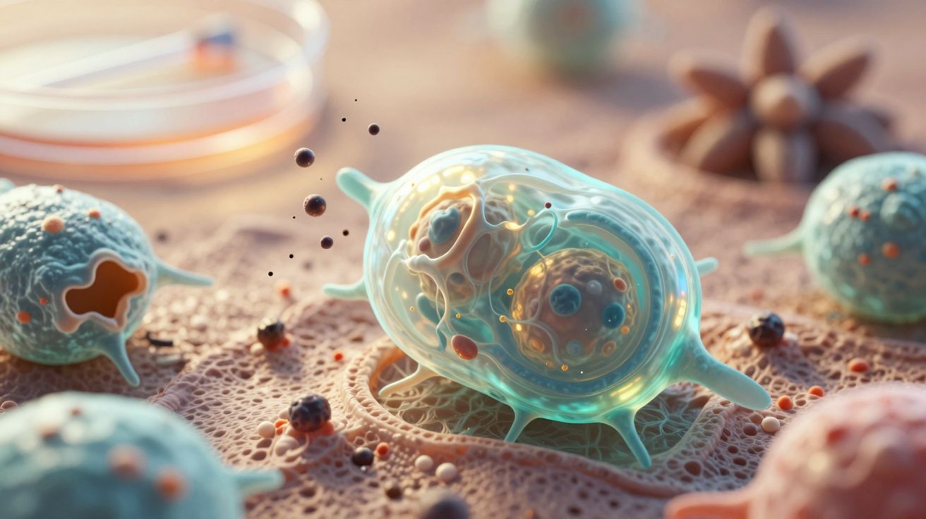 Ilustração microscópica de células com núcleo visível e estruturas internas detalhadas em fundo texturizado.