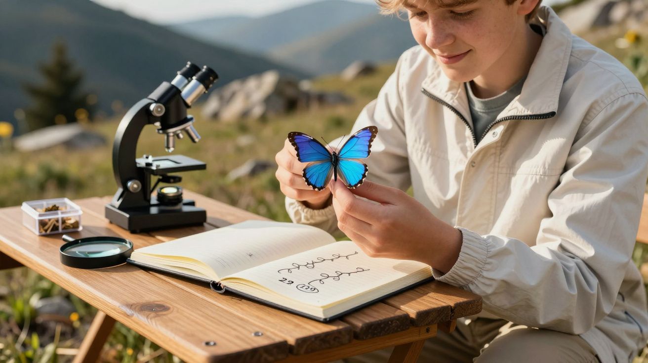 Jovem ao ar livre observa uma borboleta azul com livro aberto e microscópio numa mesa de madeira.