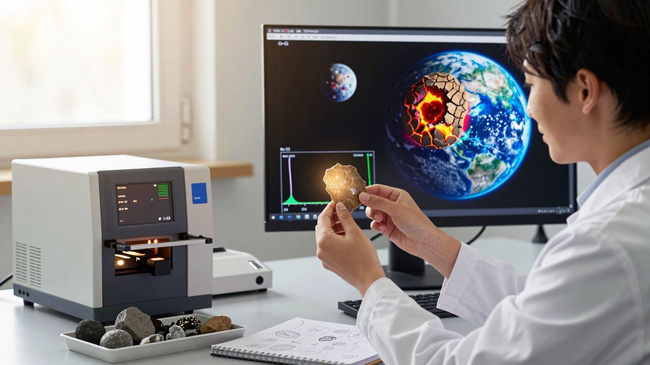Cientista em laboratório a analisar uma rocha com imagem da Terra e meteorito no ecrã do computador.