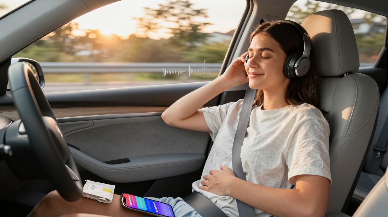 Jovem mulher a relaxar no banco do passageiro a ouvir música com auscultadores dentro de carro.