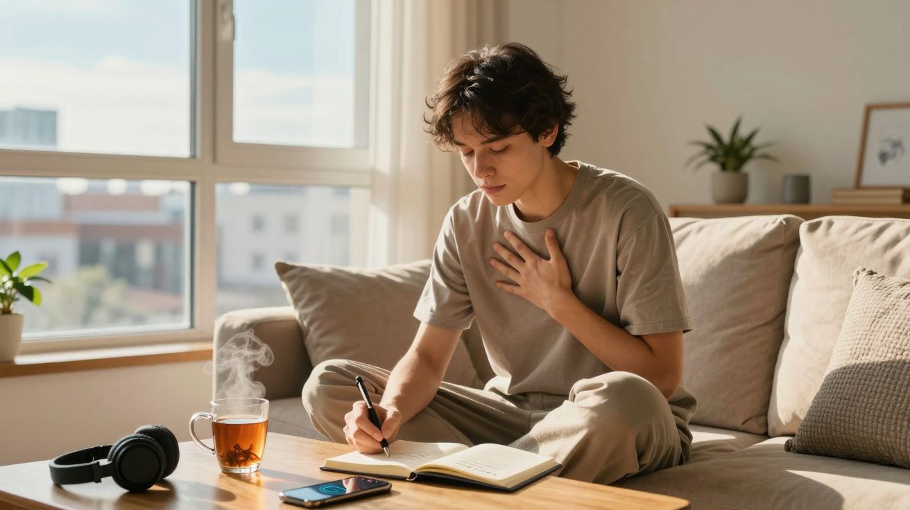 Jovem sentado no sofá a escrever num caderno com chá e auscultadores numa mesa junto à janela.