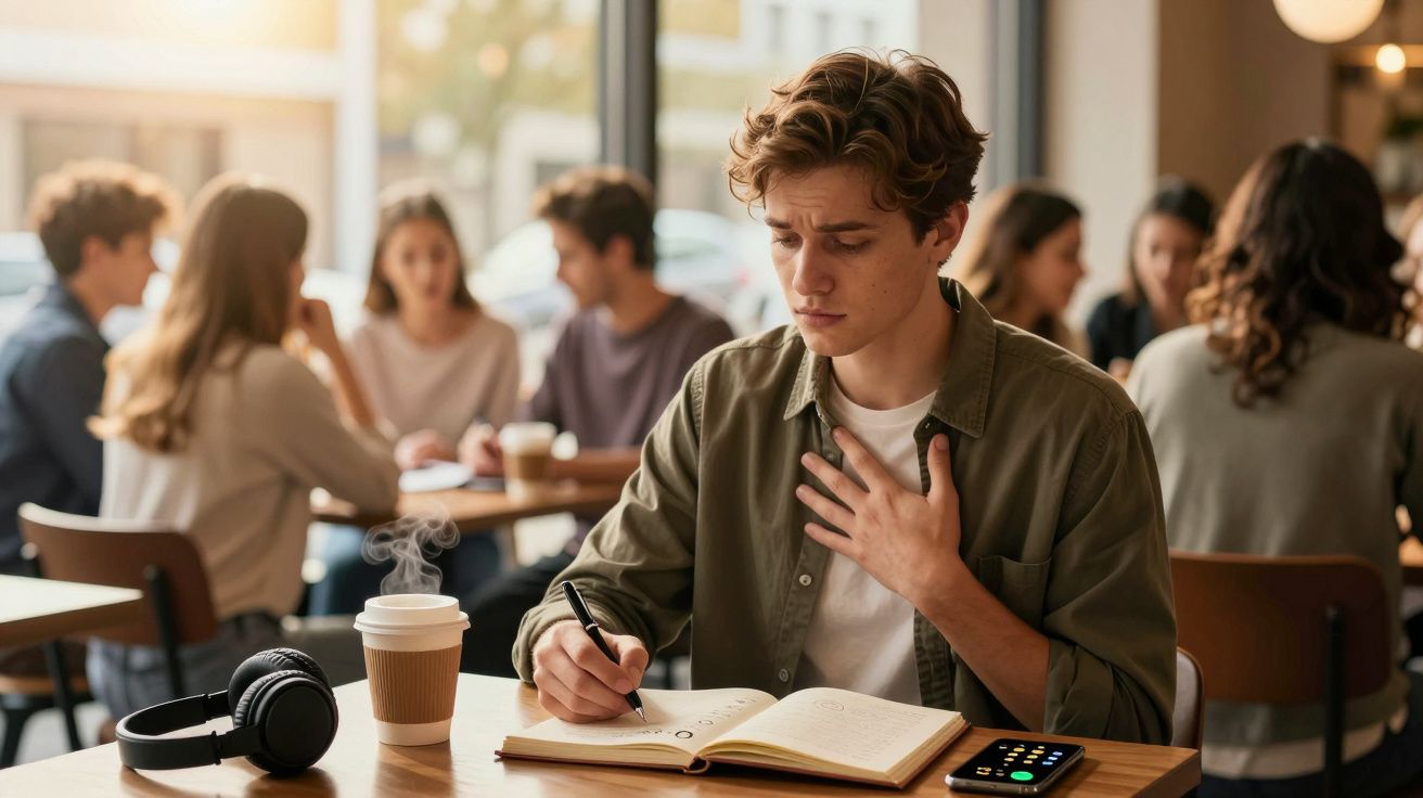 Jovem preocupado a estudar numa mesa de café com café quente, auscultadores e calculadora ao lado.