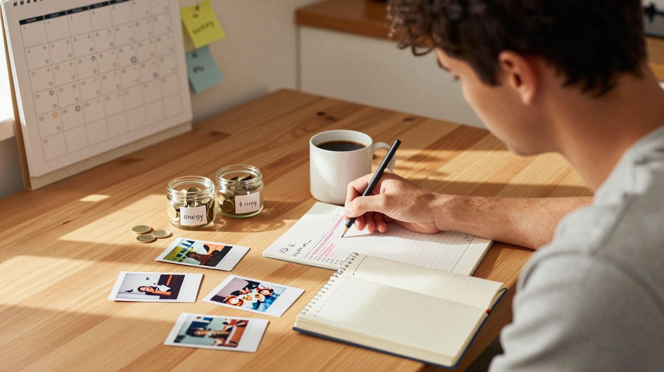 Pessoa a escrever numa agenda numa mesa com fotografias, frascos com moedas e uma chávena de café à frente.