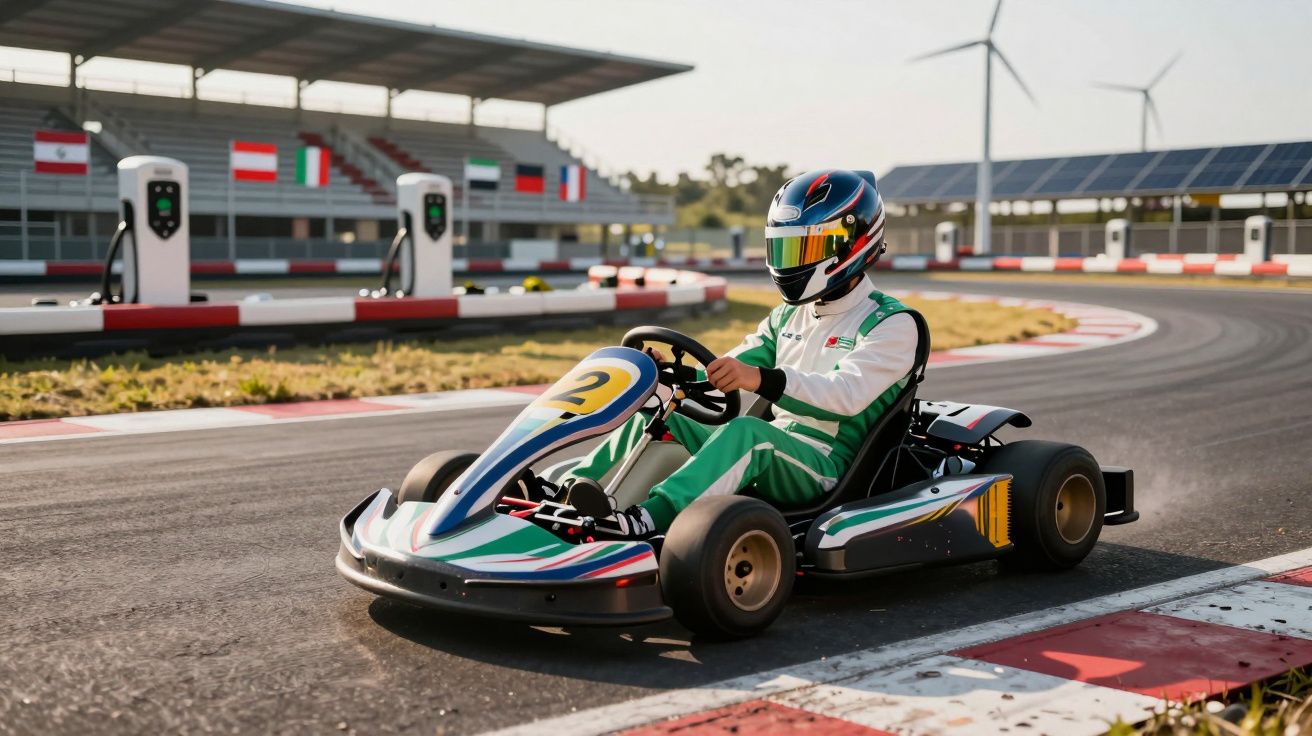 Piloto com fato verde e capacete a conduzir kart número 2 numa pista de corridas ao ar livre.