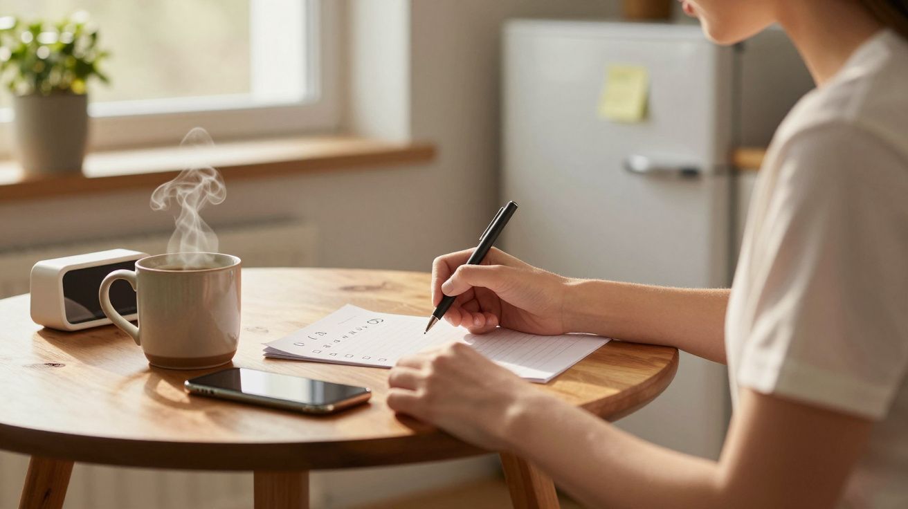 Pessoa a escrever numa folha sobre uma mesa de madeira com chá quente e telemóvel por perto.