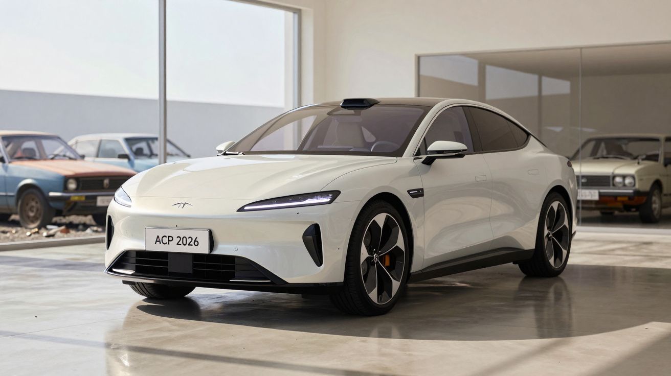 Carro elétrico moderno branco estacionado em garagem com veículos antigos ao fundo.