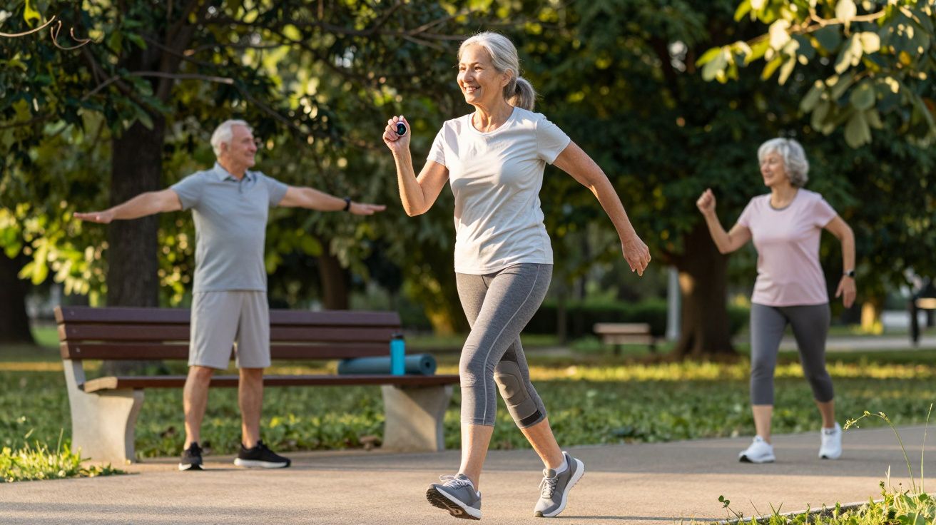 Senhora sénior a caminhar animadamente num parque, com duas pessoas a exercitarem-se ao fundo.