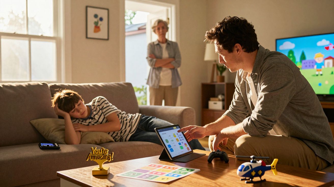 Homem a mostrar algo num tablet para criança que está deitada no sofá, com mulher ao fundo.