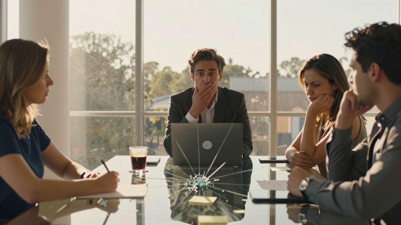 Quatro pessoas numa reunião de trabalho, com expressão preocupada perto de vidro partido na mesa.