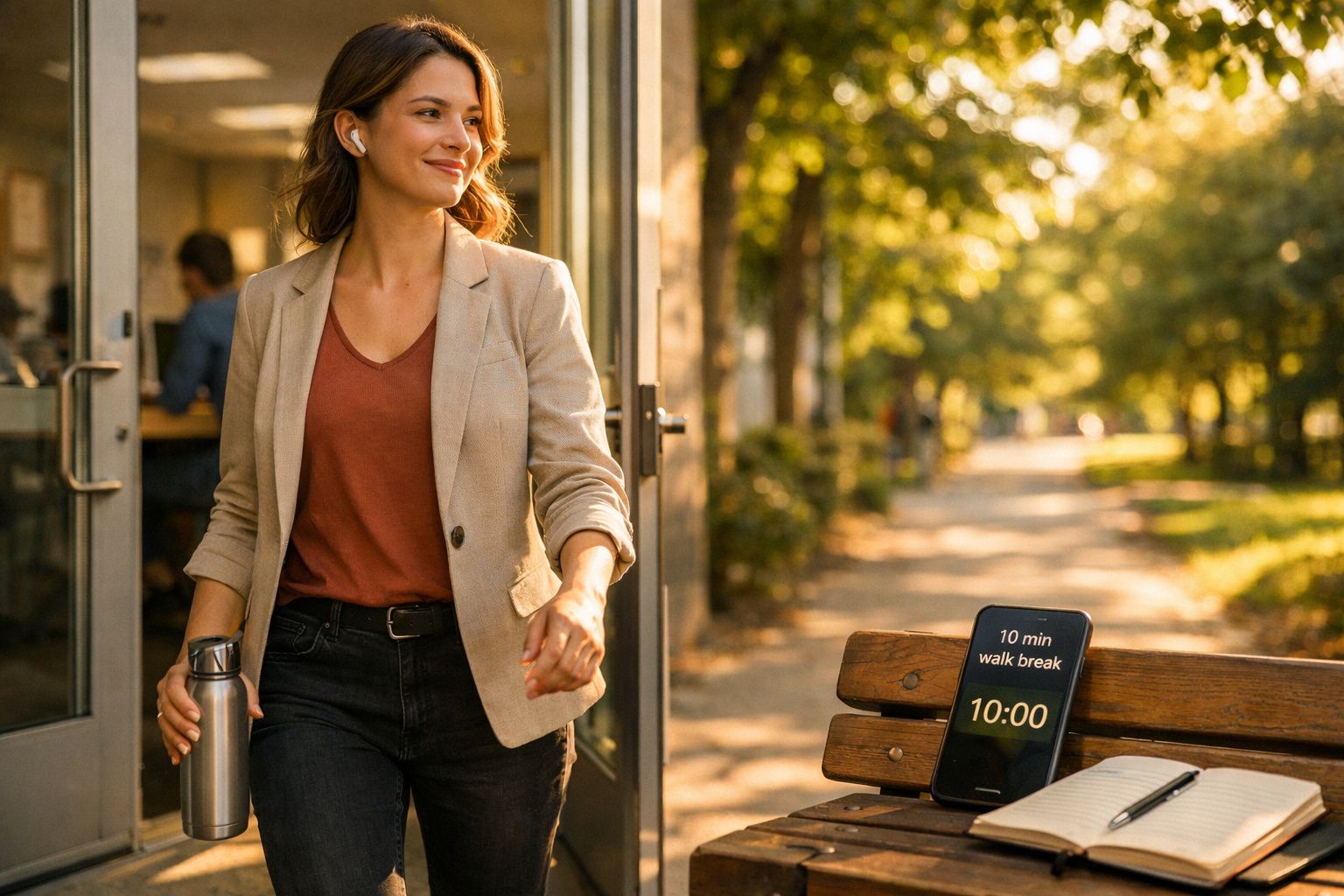 Mulher com auriculares e garrafa a sair de um café, caminho arborizado ao fundo e smartphone num banco com lembrete.