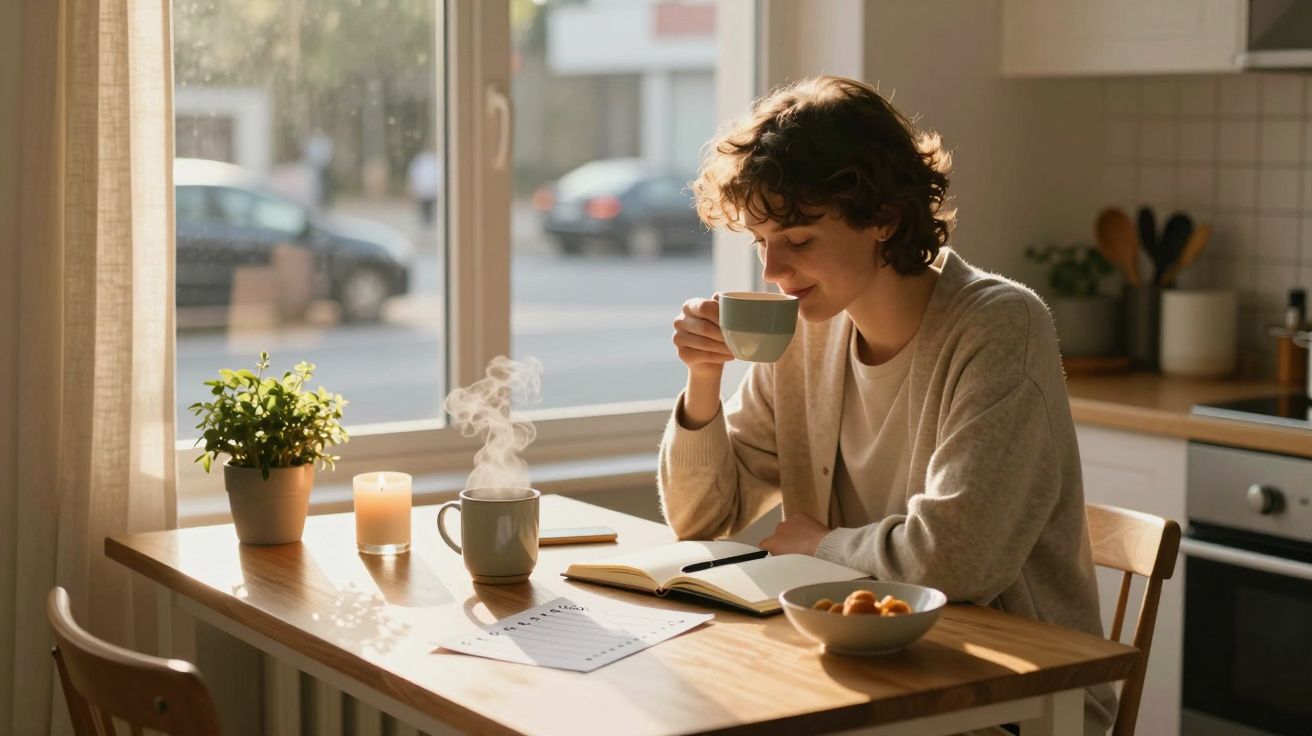 Pessoa a beber chá quente junto à janela, sentada numa cozinha com luz natural e planta na mesa.