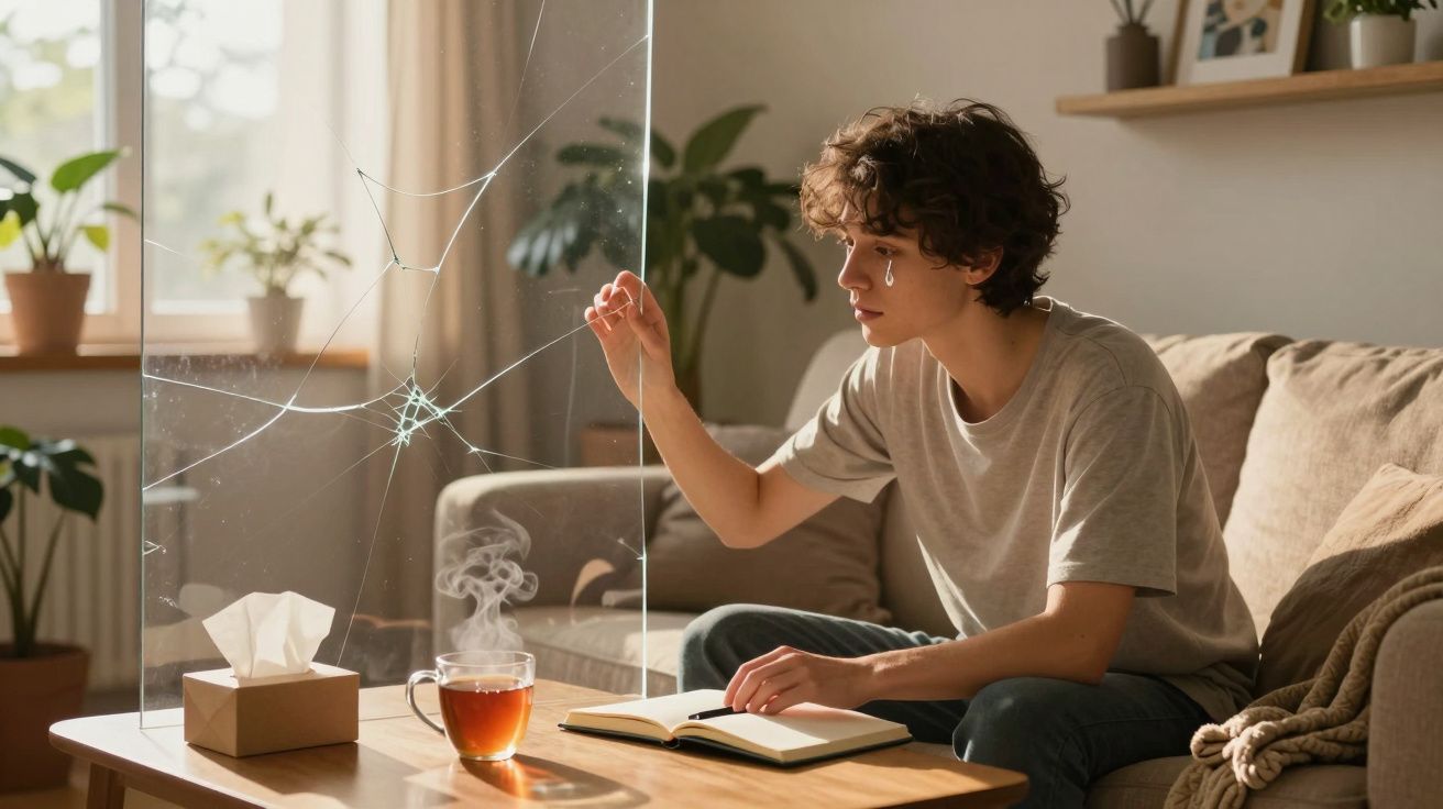 Pessoa triste sentada no sofá com lágrima, olhando vidro partido à sua frente, livro aberto e chá na mesa.