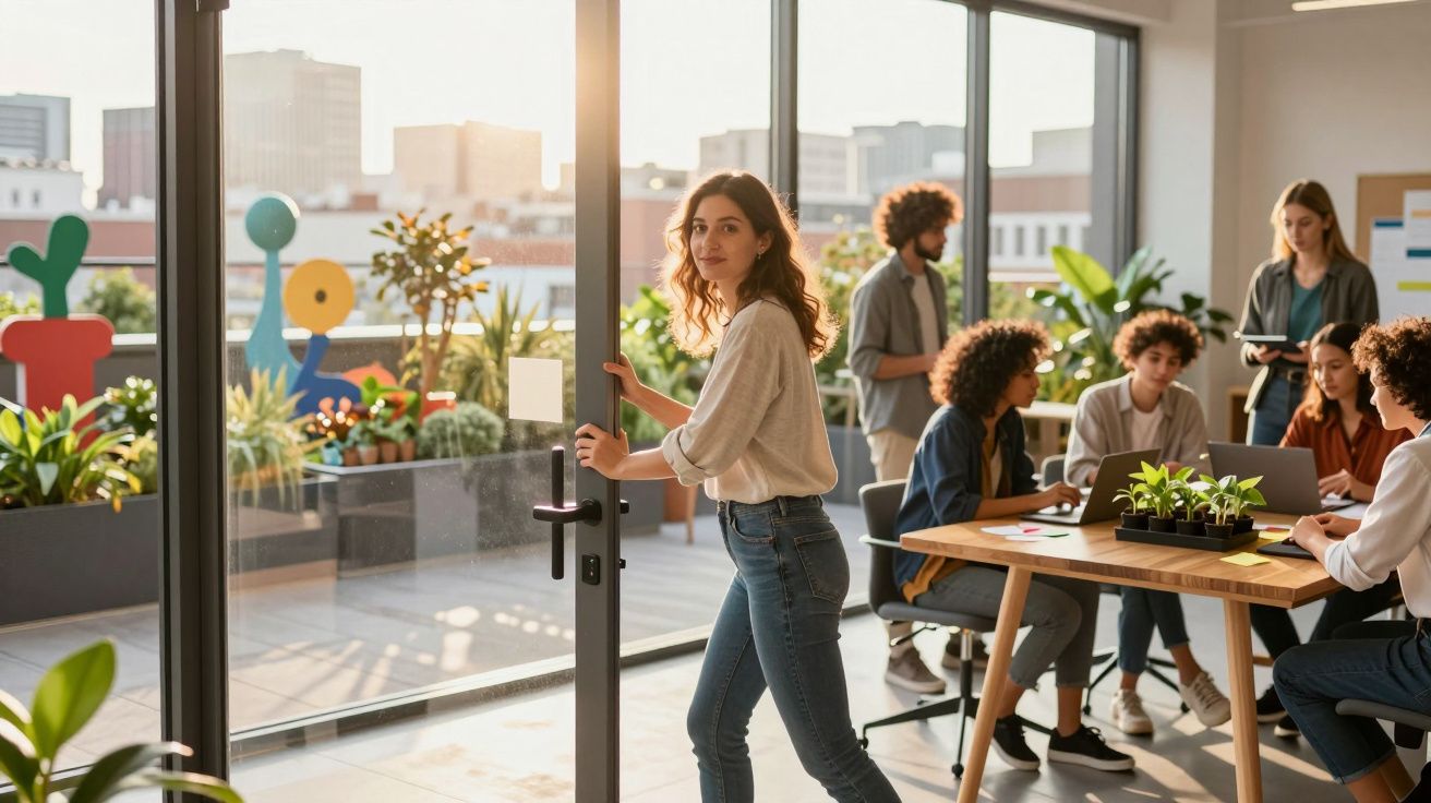 Mulher a abrir porta de vidro em escritório com grupo diverso a trabalhar em mesa e plantas decorativas.