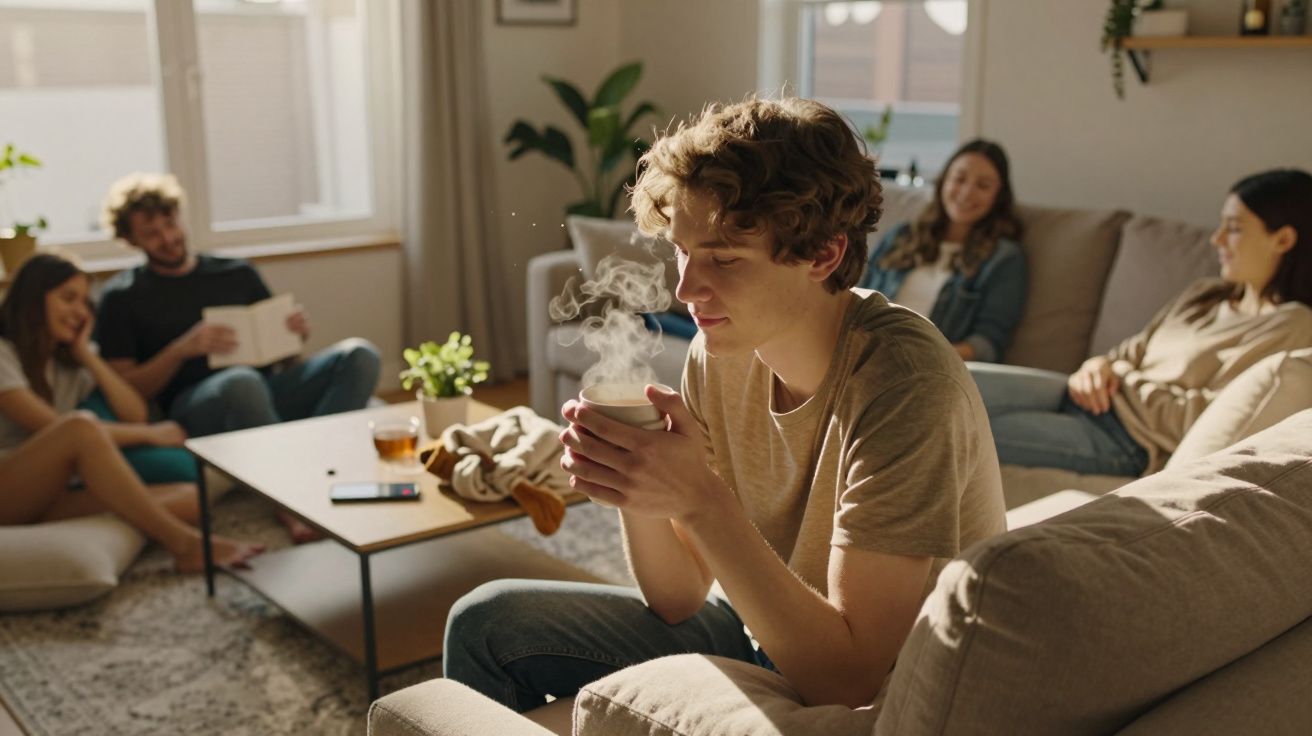 Jovem a apreciar uma bebida quente numa sala de estar com quatro amigos ao fundo a conversar.