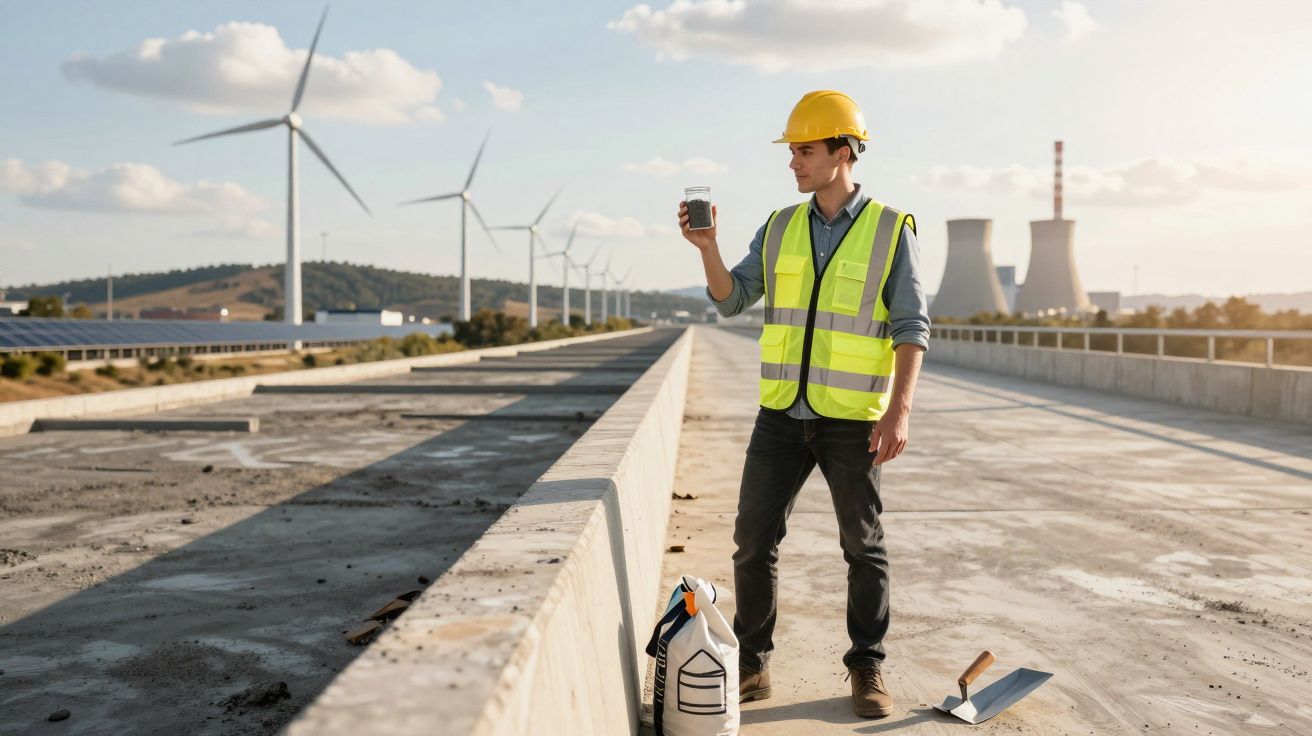 Engenheiro com colete e capacete amarelo observa amostra de água numa obra perto de turbinas eólicas e central industrial.