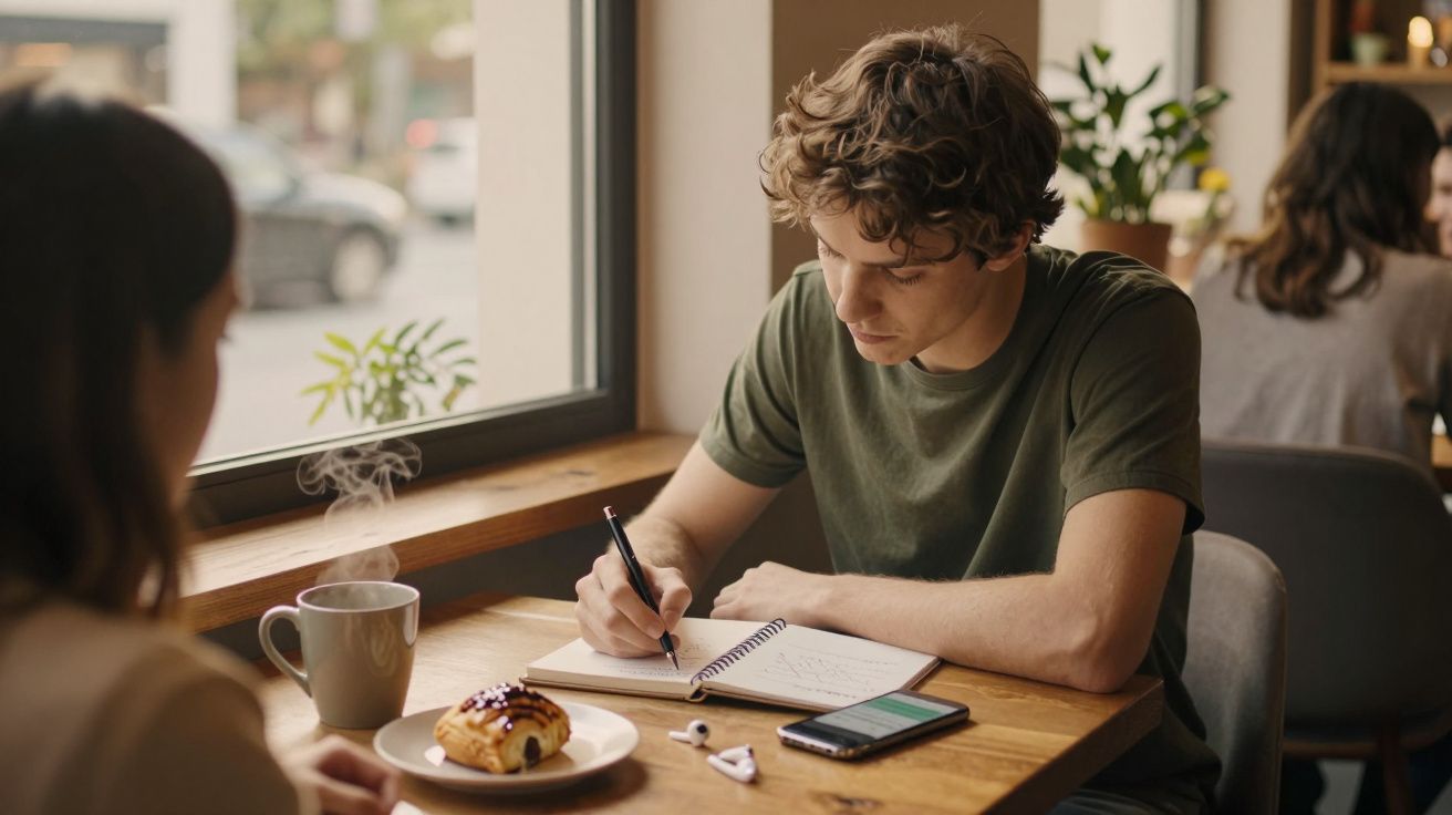 Jovem a escrever num caderno numa mesa de café com bebida quente e pastel, ao lado de uma mulher.