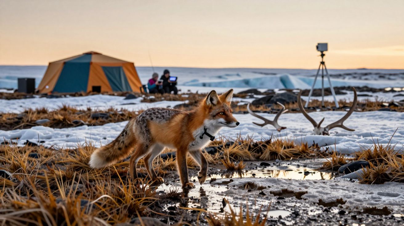 Raposa vermelha a andar numa paisagem de tundra com neve, perto de uma tenda e pessoas ao fundo.