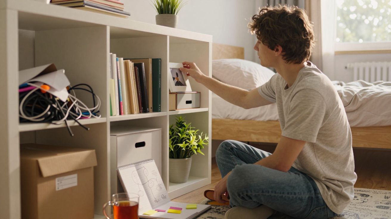 Jovem sentado no chão a organizar livros e fotografias numa estante branca numa divisão com cama e luz natural.