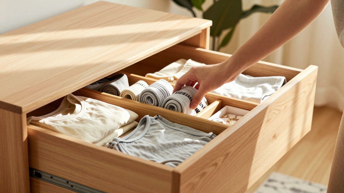Gaveta de madeira organizada com roupas dobradas e enroladas, mão a arrumar peças no interior.