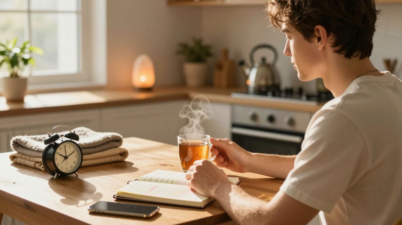 Pessoa sentada numa cozinha, segurando chá quente e lendo um livro, com relógio e telemóvel na mesa.