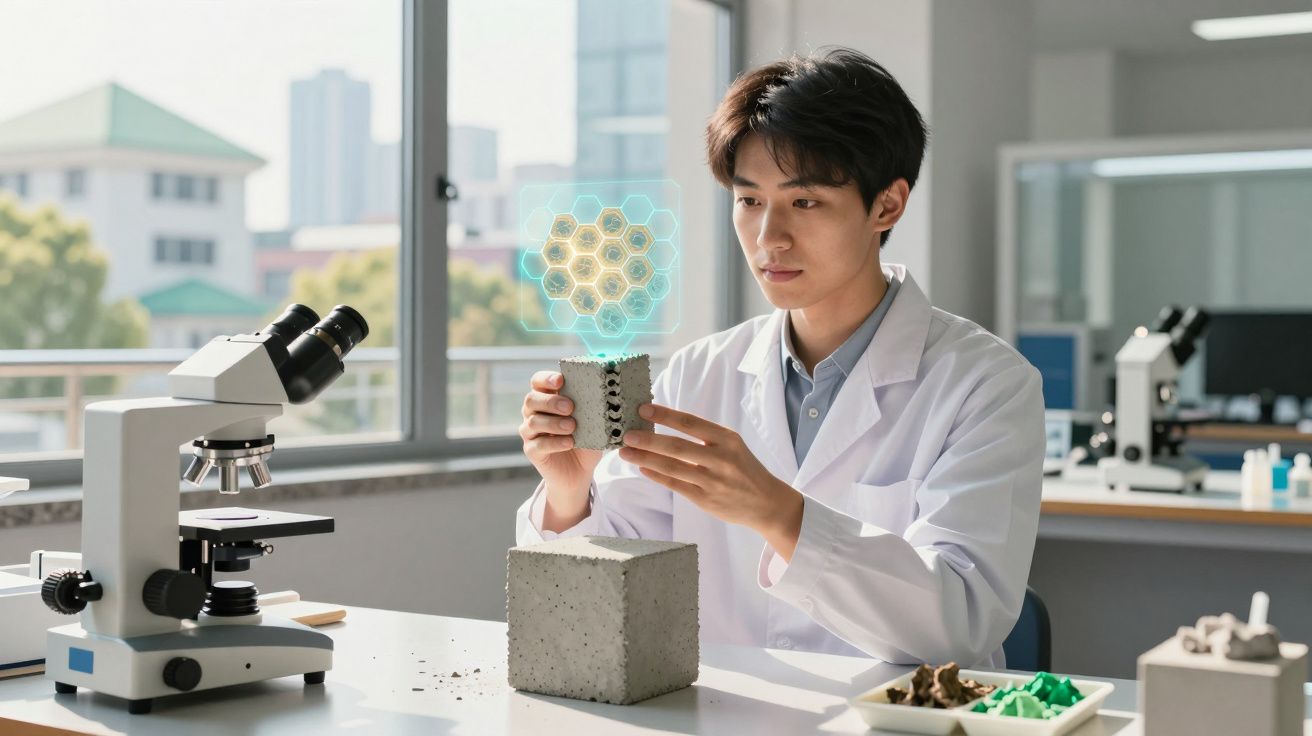 Cientista com bata branca analisa bloco de cimento com projeção holográfica em laboratório moderno.