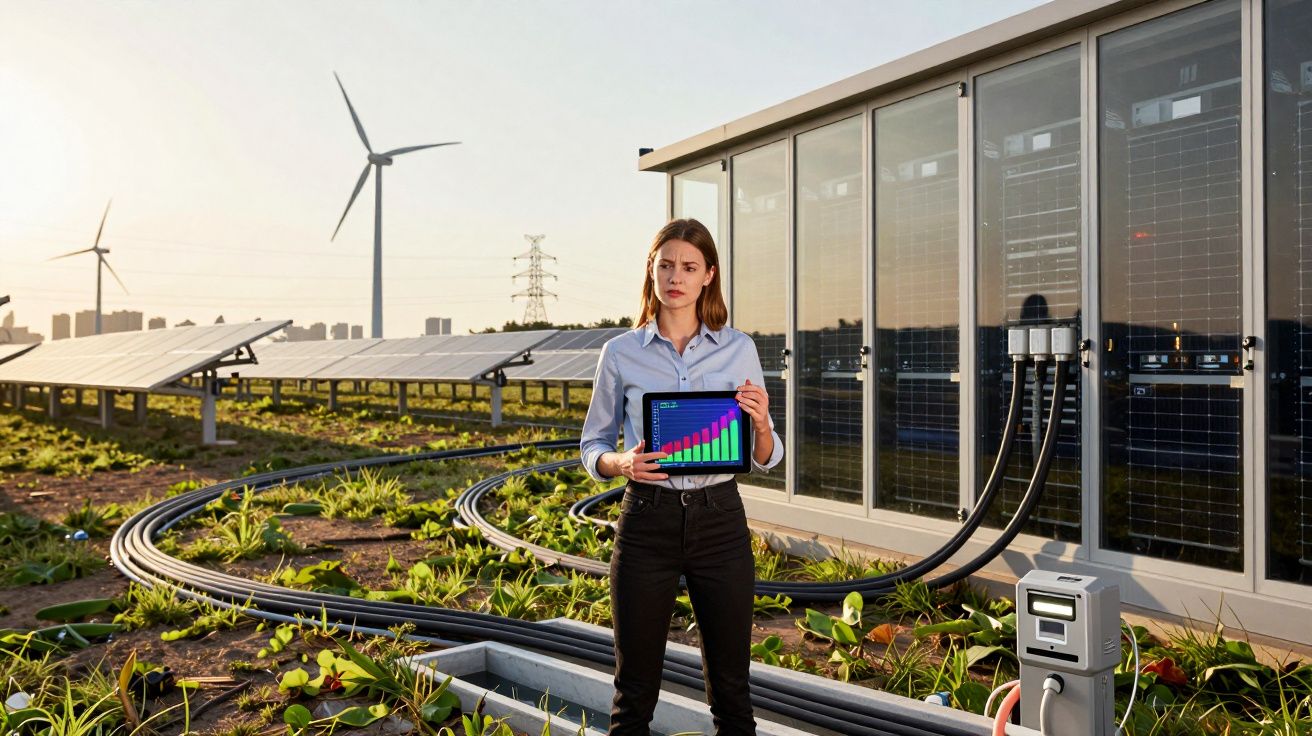Mulher num campo de painéis solares e turbina eólica a mostrar gráfico de crescimento num tablet.