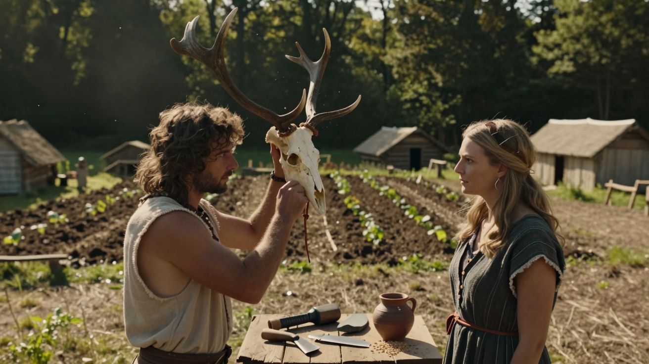 Homem a segurar crânio com cornos diante de mulher em celeiro com ferramentas e vasos numa quinta.