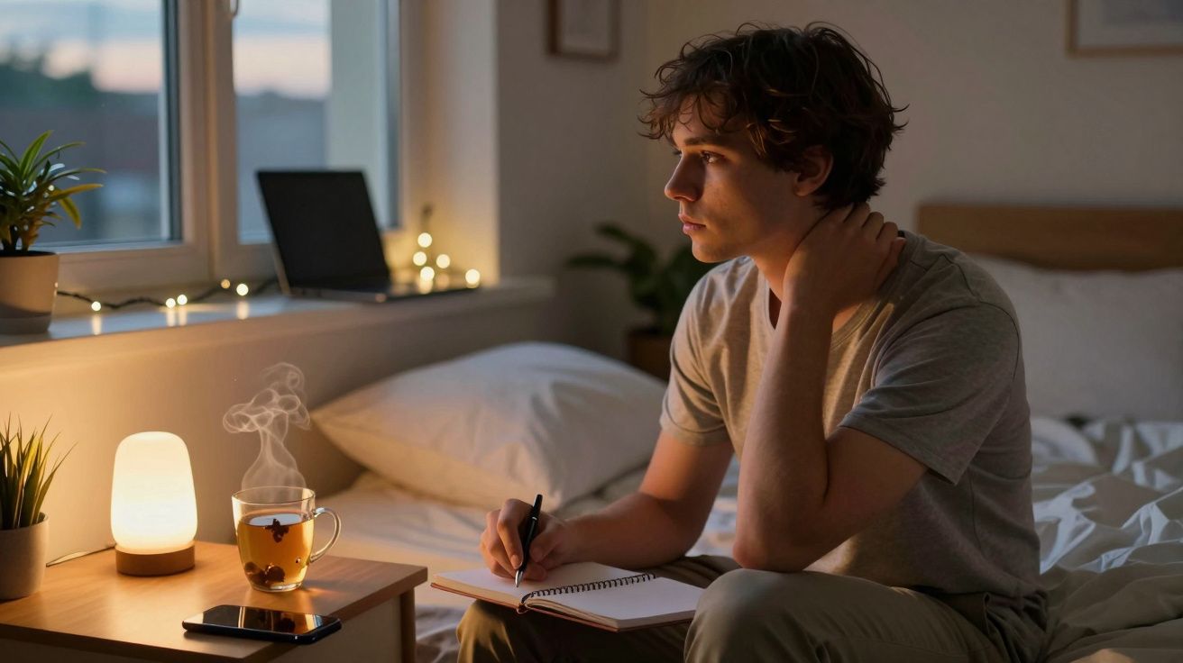 Jovem sentado na cama a escrever num caderno, com chá quente, luz suave e ambiente acolhedor.
