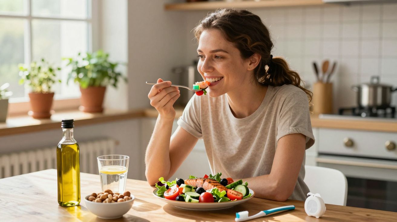 Mulher sorridente a comer salada saudável na cozinha, com água, azeite e frutos secos na mesa.