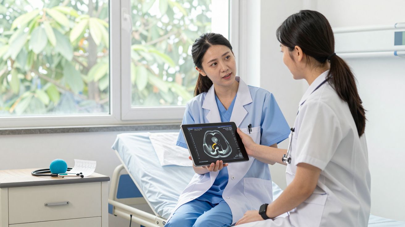 Duas médicas discutem imagem médica digital num consultório clínico iluminado.