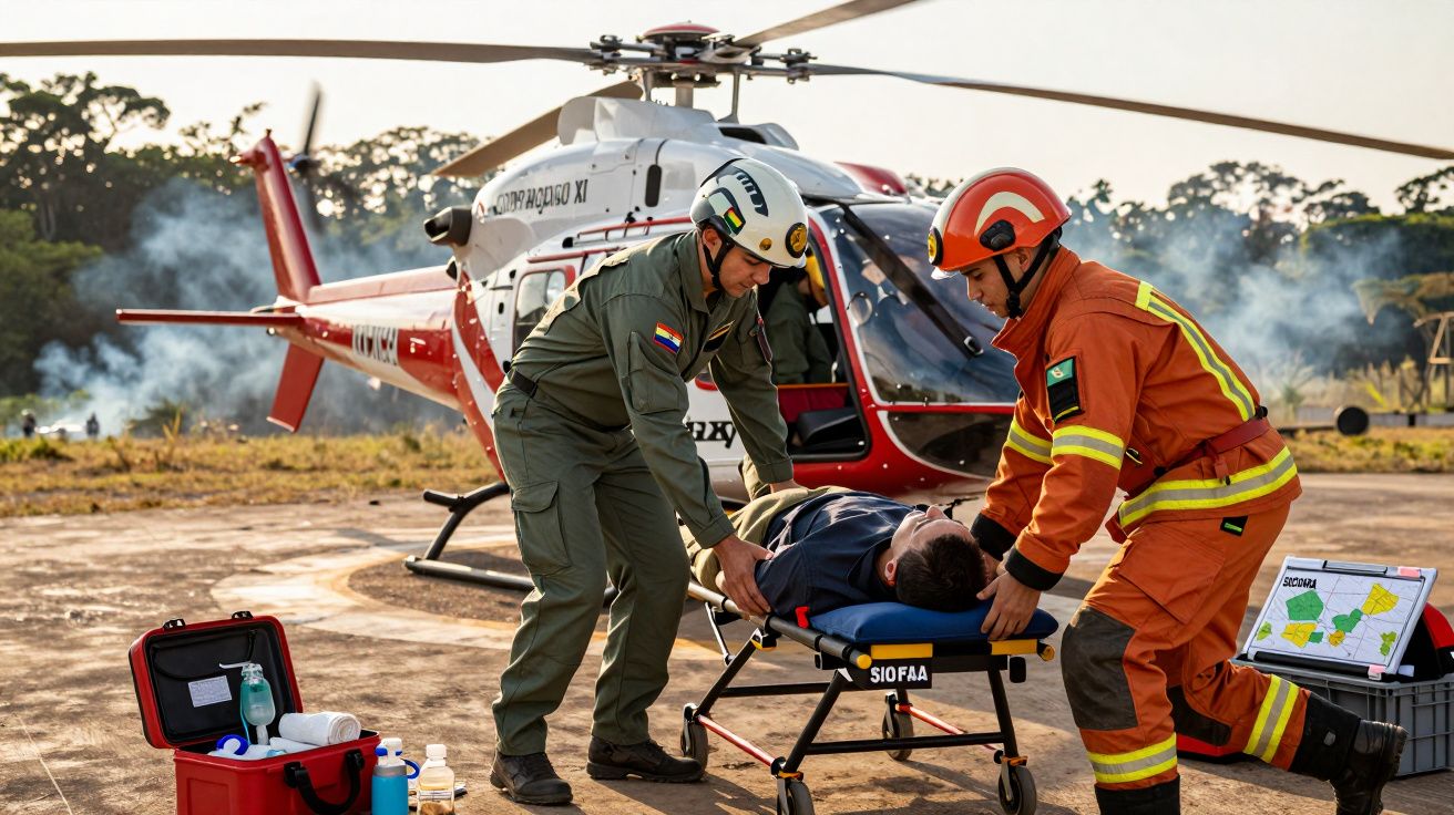Dois socorristas transferem vítima para ambulância após resgate de helicóptero num heliponto.
