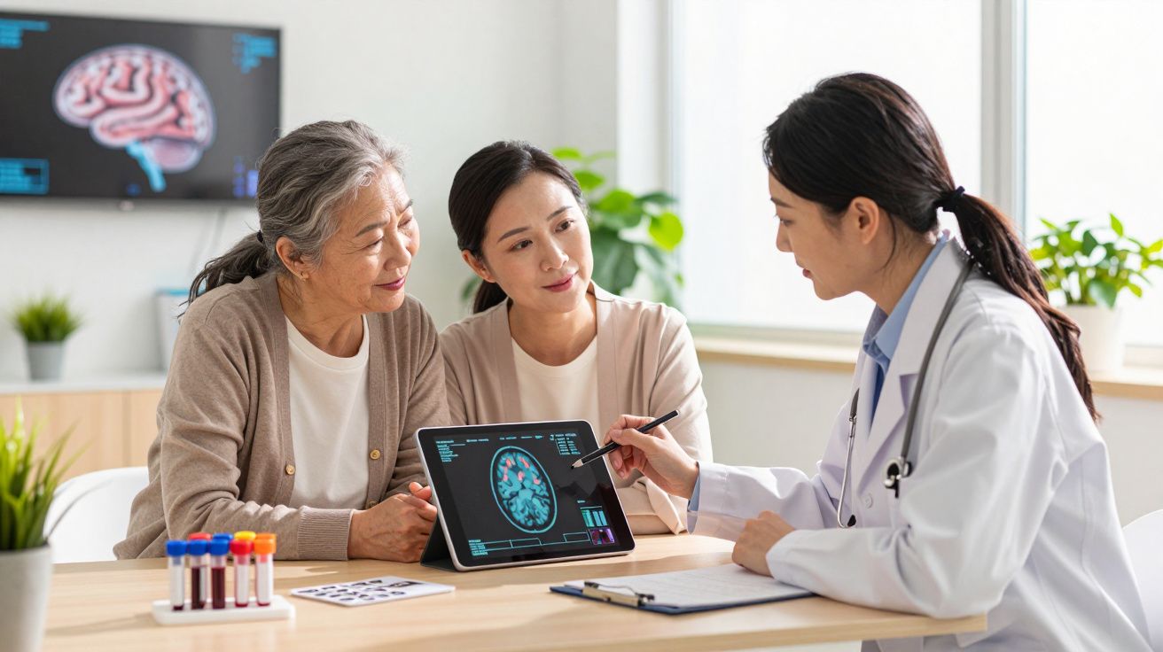 Médica explica exame de cérebro em tablet a duas pacientes num consultório com ambiente claro e plantas.