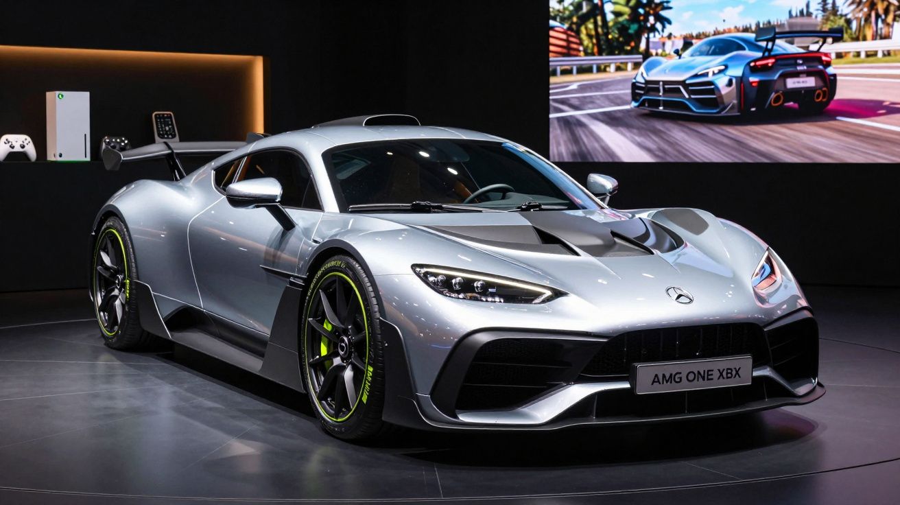 Mercedes AMG One XBX prata exibido em ambiente interno com ecrã ao fundo mostrando o carro em pista.