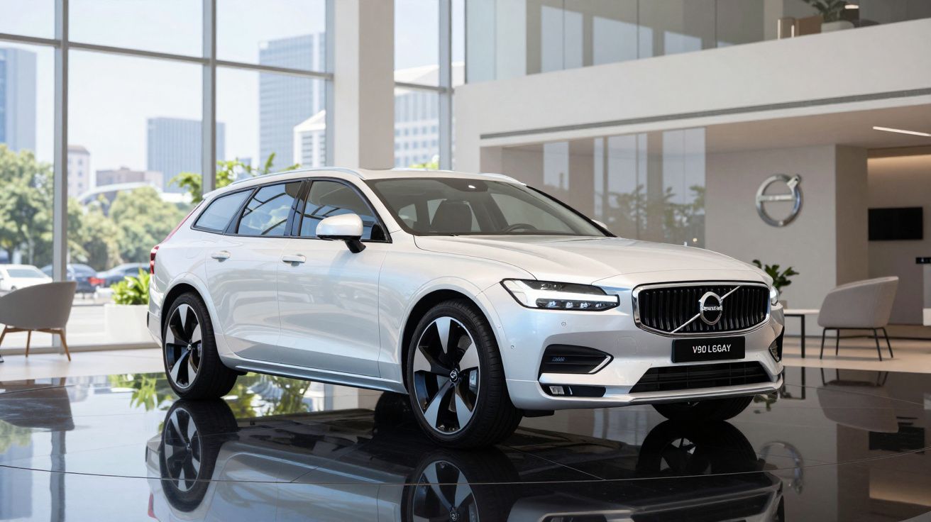 Carro Volvo branco modelo V90 Legacy exibido numa sala de exposição moderna com janelas grandes.