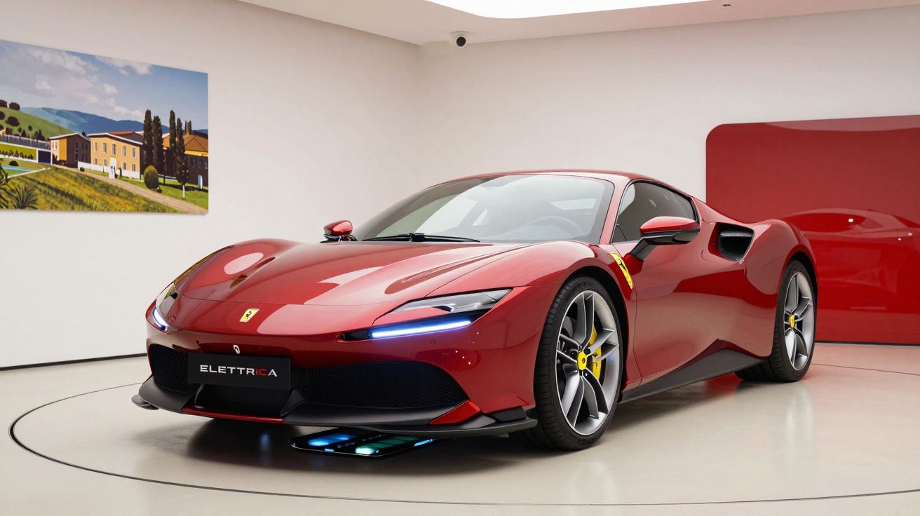 Automóvel desportivo vermelho Ferrari Elettrica em exposição interior com pintura brilhante e rodas cinza.