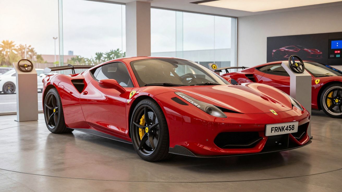 Carro desportivo vermelho Ferrari estacionado em showroom moderno com vidros grandes e outros carros ao fundo.