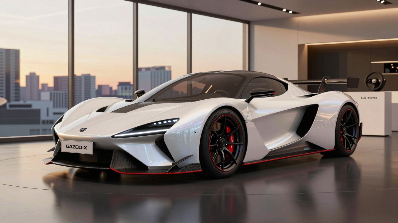 Carro desportivo branco com detalhes pretos e vermelhos, iluminação LED, exposto num showroom moderno.