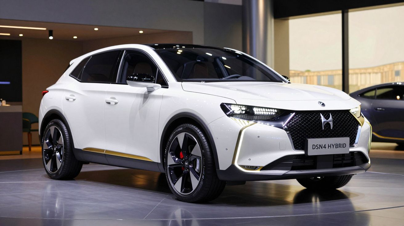 Automóvel branco compacto DS4 Hybrid exibido em salão automóvel com iluminação interna.