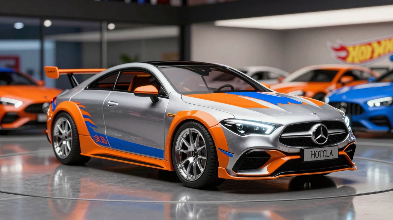 Carro desportivo Mercedes cinzento e laranja com azul, exposto em ambiente interior com outros carros ao fundo.