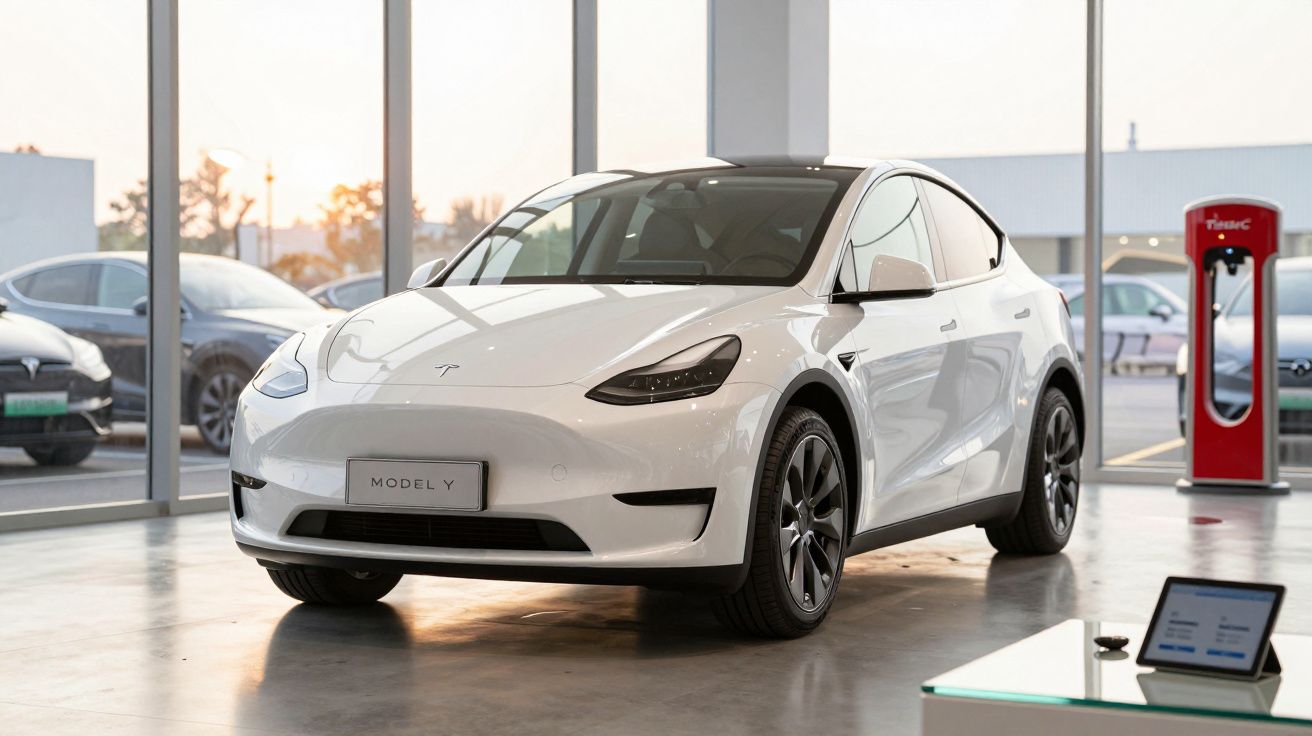 Carro elétrico Tesla Model Y branco em exposição numa loja com carregador ao fundo.